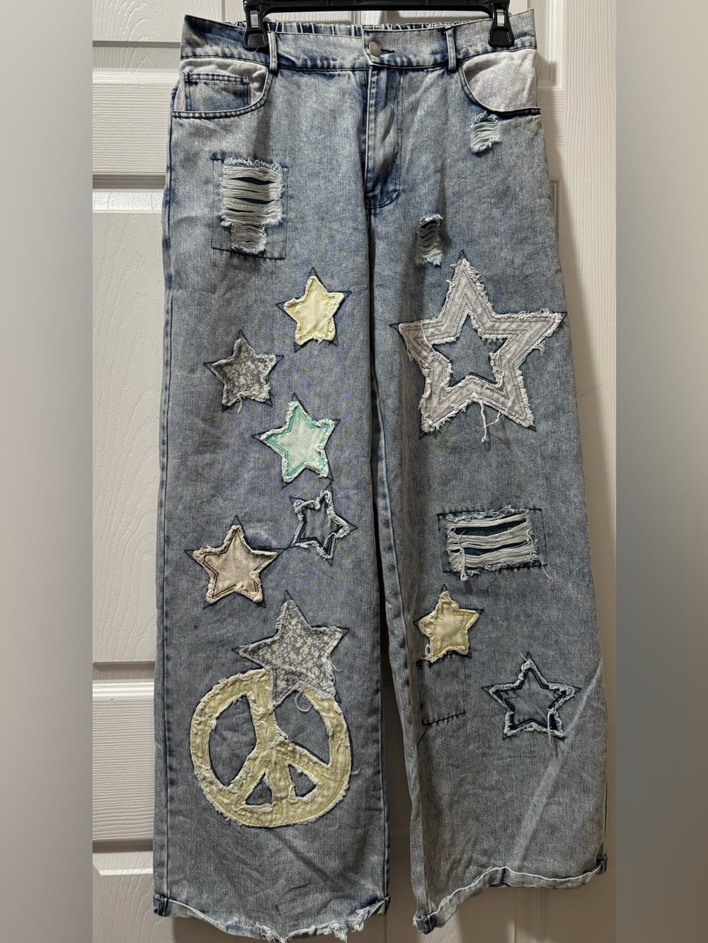 Light Blue Star & Peace-Print Straight Leg Jeans